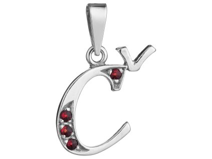 Silver pendant with czech garnet, rhodium plated - letter Č                                         