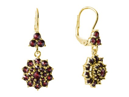 Gold earrings with czech garnet - flower                                                            