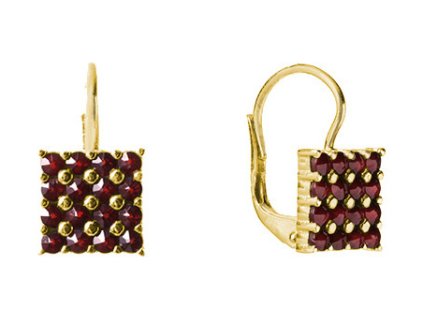 Gold earrings with czech garnet - square                                                            
