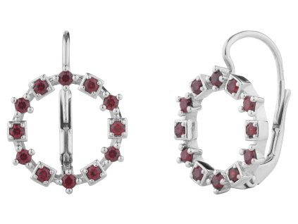 Stříbrné náušnice s českým granátem, rhodiované - kruh