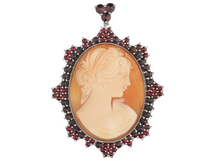 Stříbrná brož - závěs s českým granátem a kamejí, rhodiovaná - ovál