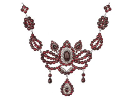 Stříbrný náhrdelník s českým granátem a perlou, rhodiovaný