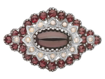 Stříbrný prsten s českým granátem a perlou, rhodiovaný