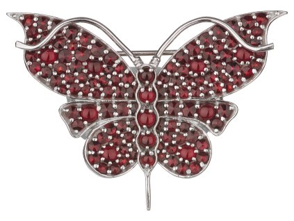 Stříbrná brož s českým granátem, rhodiovaná - zvíře - motýl