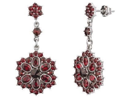 Stříbrné náušnice s českým granátem, rhodiované