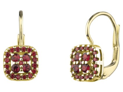 Zlaté náušnice s českým granátem - čtverec