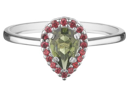 Silver ring with czech garnet and moldavite, rhodium plated - drop