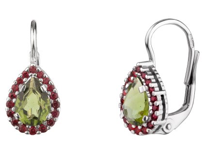 Silver earrings with czech garnet and moldavite, rhodium plated - drop
