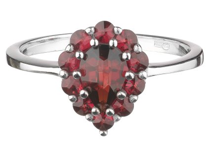 Stříbrný prsten s českým granátem, rhodiovaný - kapka