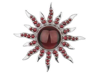 Stříbrná brož s českým granátem, rhodiovaná - slunce