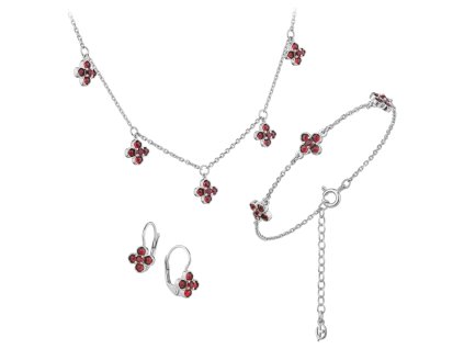 Stříbrný set šperků 1471 s českým granátem, rhodiovaný - květina