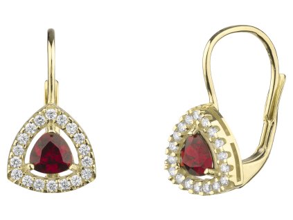 Zlaté náušnice s českým granátem a diamantem - trojúhelník