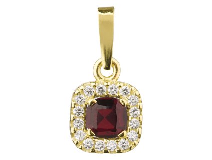 Gold pendant with czech garnet and diamond - square