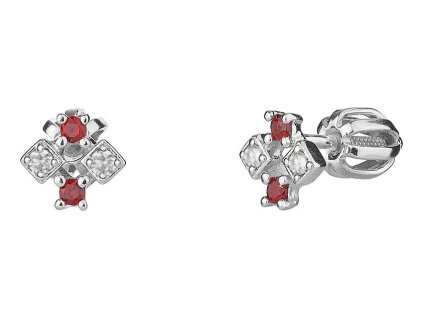 White gold earrings with czech garnet and diamond, rhodium plated - square