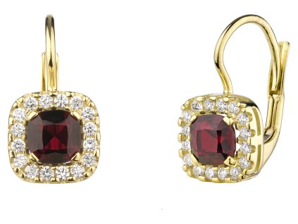 Gold earrings with czech garnet and diamond - square