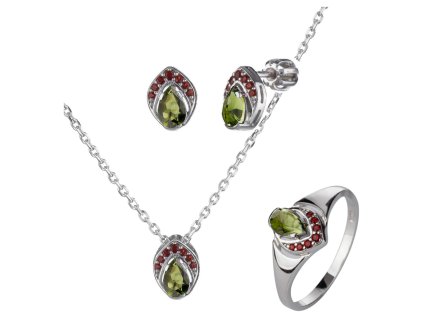 Set of silver jewellery 1445 with czech garnet and moldavit, rhodium plated - drop