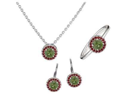 Set of silver jewellery 1444 with czech garnet and moldavit, rhodium plated - circle