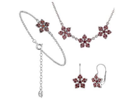 Set of silver jewellery 1406 with czech garnet, rhodium plated - flower