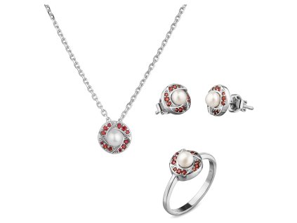 Set of silver jewellery 1461 with czech garnet and pearl, rhodium plated - circle