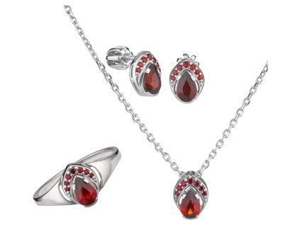Stříbrný set šperků 1445 s českým granátem, rhodiovaný - kapka