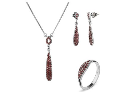 Stříbrný set šperků 1432 s českým granátem, rhodiovaný - kapka