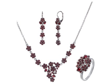 Stříbrný set šperků 1402 s českým granátem, rhodiovaný  -  květina
