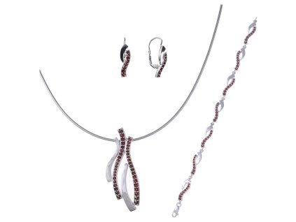 Set of silver jewellery 967 with czech garnet, rhodium plated - wave