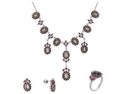 Set of silver jewellery 1267 with czech garnet and moldavit, rhodium plated - oval