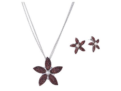 Set of silver jewellery 1178 with czech garnet and pearl, rhodium plated - flower