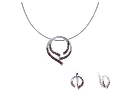 Set of silver jewellery 1315 with czech garnet, rhodium plated - circle