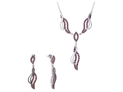 Stříbrný set šperků 1249 s českým granátem, rhodiovaný  - vlnka