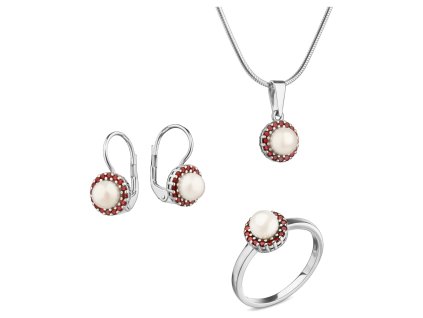 Set of silver jewellery 1465 with czech garnet and pearl, rhodium plated - circle