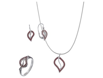 Set of silver jewellery 1401 with czech garnet, rhodium plated - leaf