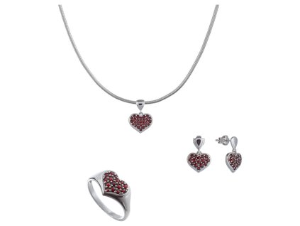 Stříbrný set šperků 1390 s českým granátem, rhodiovaný  - srdce