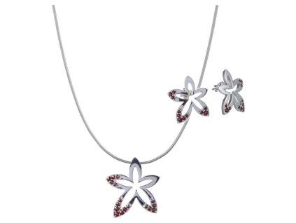Set of silver jewellery 1253 with czech garnet, rhodium plated - flower