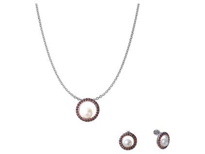Set of silver jewellery 1239 with czech garnet and pearl, rhodium plated - circle