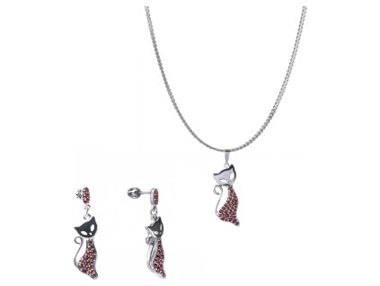 Stříbrný set šperků 1246 s českým granátem, rhodiovaný  - zvíře - kočka