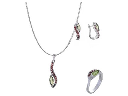 Set of silver jewellery 1228 with czech garnet and moldavit, rhodium plated - wave