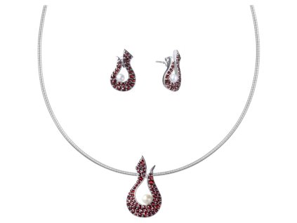 Set of silver jewellery 1192 with czech garnet and pearl, rhodium plated - wave