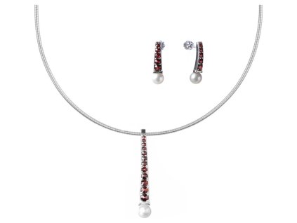 Set of silver jewellery 866 with czech garnet and pearl, rhodium plated - line