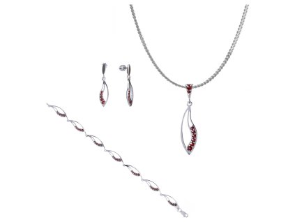 Set of silver jewellery 1084 with czech garnet, rhodium plated - wave