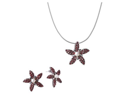 Set of silver jewellery 1178 with czech garnet and pearl, rhodium plated - flower