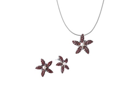 Set of silver jewellery 1178 with czech garnet and pearl, rhodium plated - flower