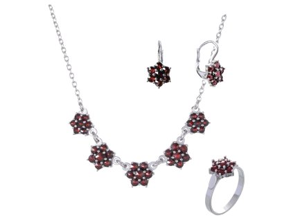 Set of silver jewellery 342 with czech garnet, rhodium plated - flower