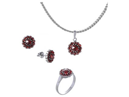 Set of silver jewellery 548 with czech garnet, rhodium plated - flower