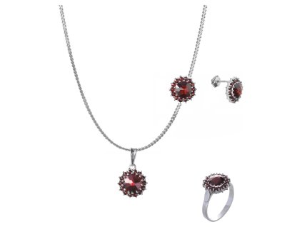 Set of silver jewellery 376 with czech garnet, rhodium plated - flower