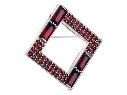 Stříbrná brož s českým granátem, rhodiovaná - čtverec