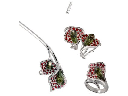 Set of silver jewellery 531 with czech garnet and moldavit, rhodium plated -calla