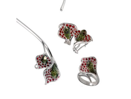 Set of silver jewellery 531 with czech garnet and moldavit, rhodium plated -calla