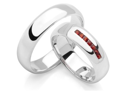 Zlaté snubní prsteny z bílého zlata s českým granátem